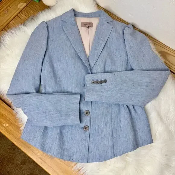 Rebecca Taylor TAILORED Peplum Linen Blend Blazer Jacket Light Blue S - Picture 4 of 14